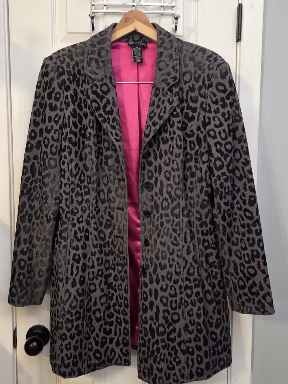 Dialogue Women's Size 14 Gray Black Leopard Print Blazer/Coat Pink Lining